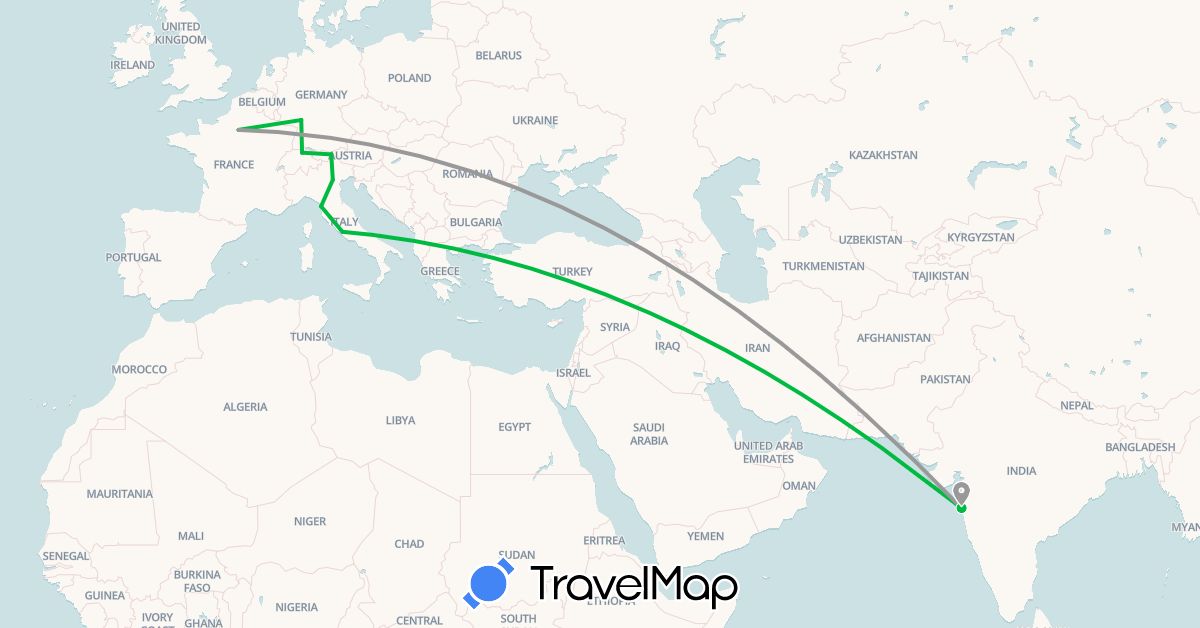 TravelMap itinerary: driving, bus, plane in Austria, Switzerland, Germany, France, India, Italy (Asia, Europe)