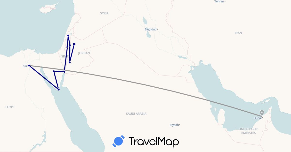 TravelMap itinerary: driving, plane in United Arab Emirates, Egypt, Israel, Jordan, Palestinian Territories (Africa, Asia)